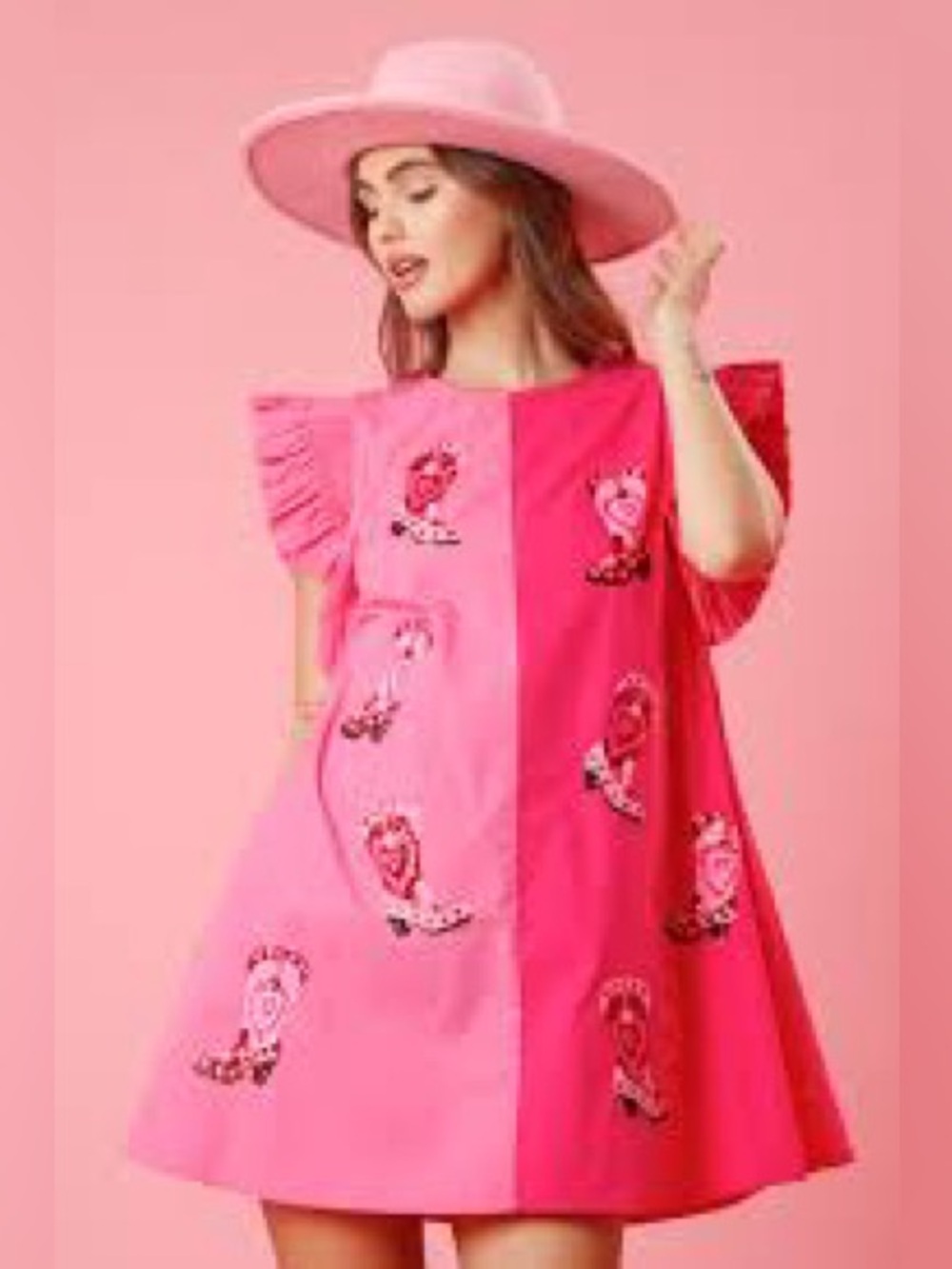 Peach Love California Hot Pink Cowboy boot Dress w pockets ! Like new! Sz M cute